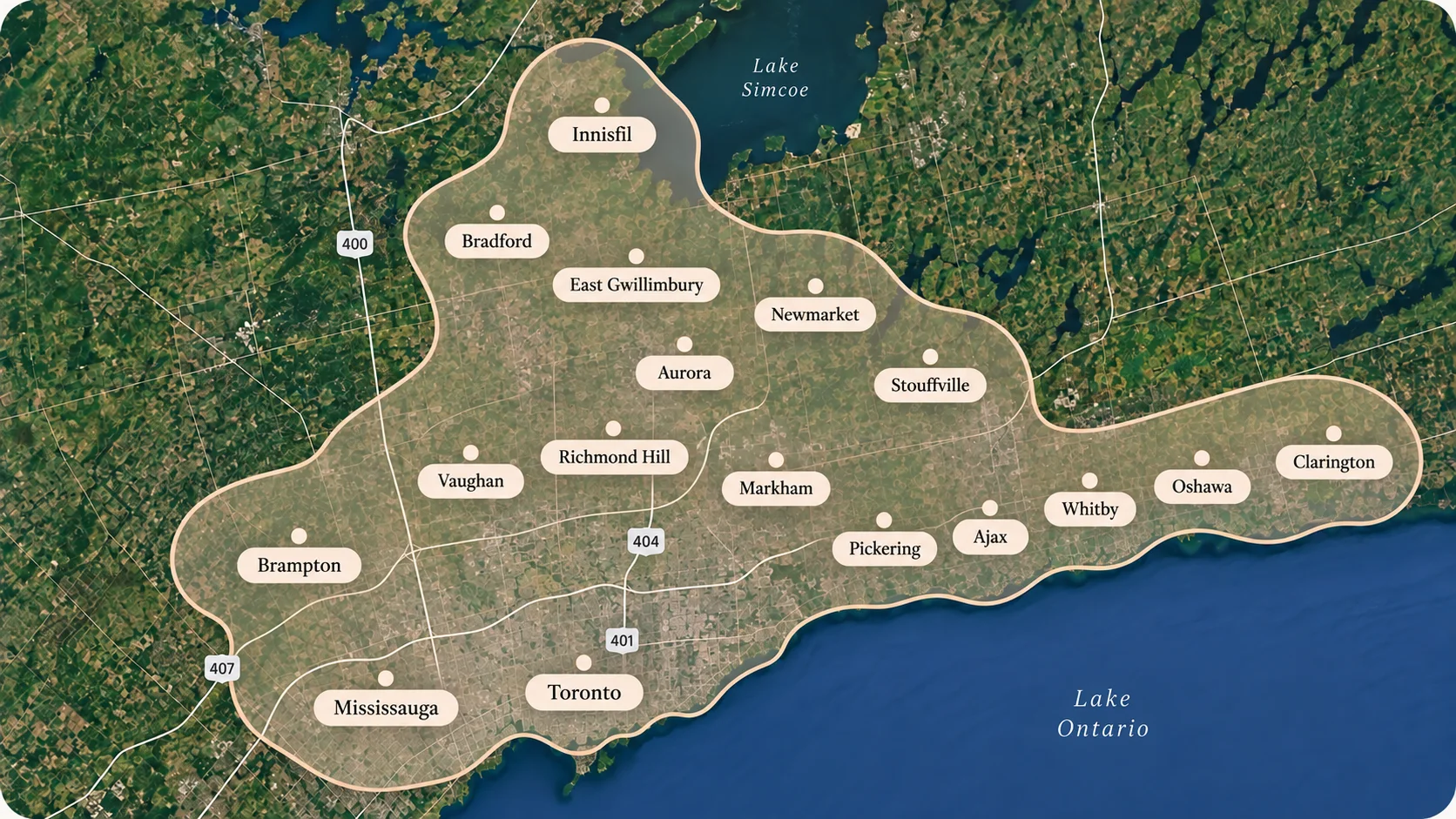 Map showing Lara Blinds installation areas across the GTA and surrounding Ontario communities